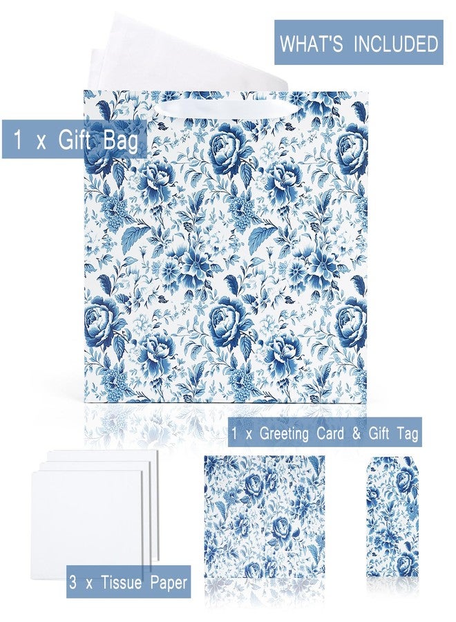 LaRibbons 13" Large Wedding Gift Bag, Bridal Shower Gift Bag with Tissue Paper and Greeting Card, Blue and White Peony Floral Toile Design, Perfect for Women, Bride, Mother's Day, Anniversary, Engagement Gifts - Image 3