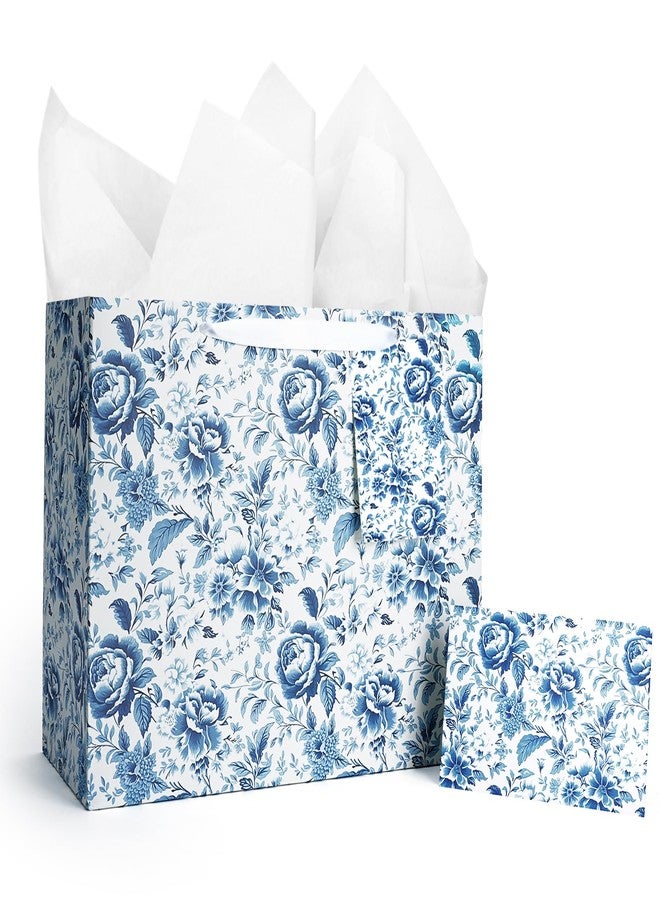 LaRibbons 13" Large Wedding Gift Bag, Bridal Shower Gift Bag with Tissue Paper and Greeting Card, Blue and White Peony Floral Toile Design, Perfect for Women, Bride, Mother's Day, Anniversary, Engagement Gifts - Image 1