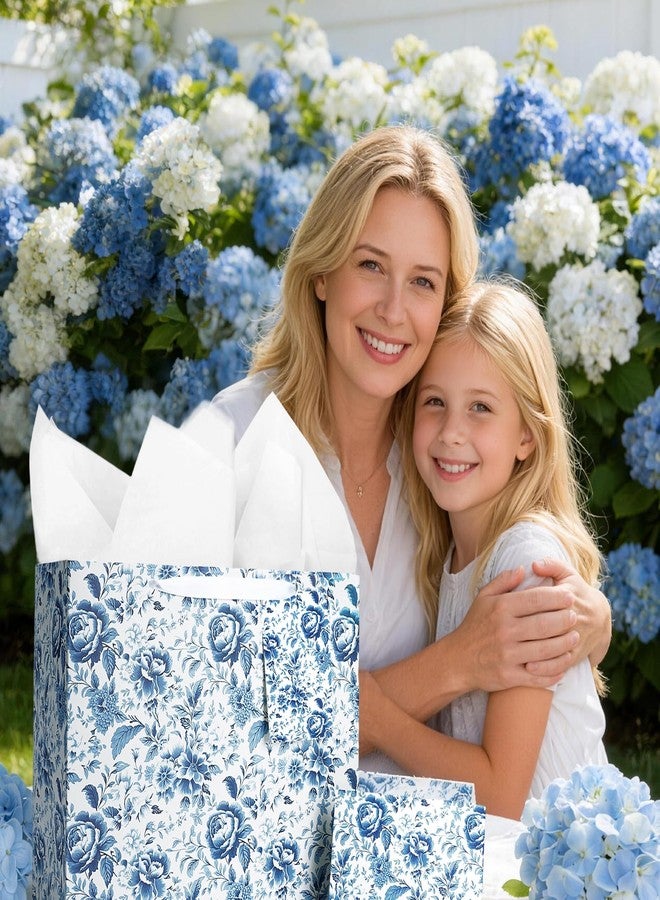 LaRibbons 13" Large Wedding Gift Bag, Bridal Shower Gift Bag with Tissue Paper and Greeting Card, Blue and White Peony Floral Toile Design, Perfect for Women, Bride, Mother's Day, Anniversary, Engagement Gifts - Image 2