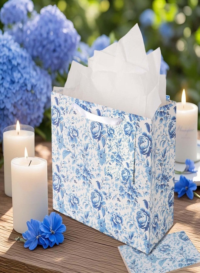 LaRibbons 13" Large Wedding Gift Bag, Bridal Shower Gift Bag with Tissue Paper and Greeting Card, Blue and White Peony Floral Toile Design, Perfect for Women, Bride, Mother's Day, Anniversary, Engagement Gifts - Image 5