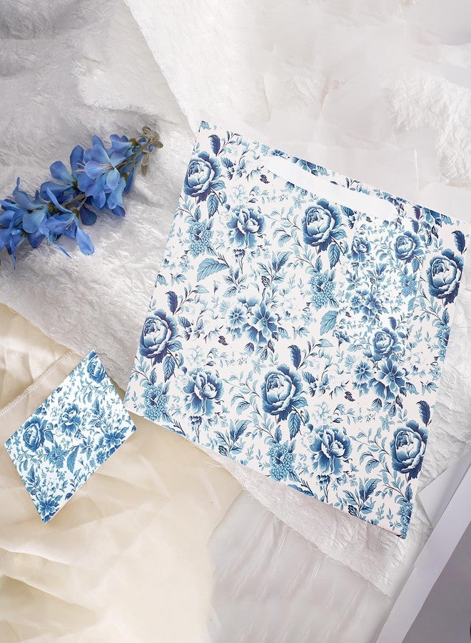 LaRibbons 13" Large Wedding Gift Bag, Bridal Shower Gift Bag with Tissue Paper and Greeting Card, Blue and White Peony Floral Toile Design, Perfect for Women, Bride, Mother's Day, Anniversary, Engagement Gifts - Image 4