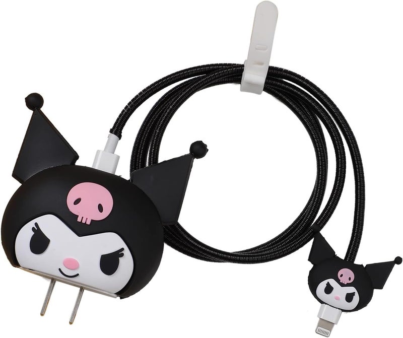Cerlink Charger Cable Protectors for iPhone Chargers 18W 20W Type C, 3D Cute Protective Case Cover Cartoon Style Fully Charger & Adaptor Protection Set-1 (Black Kuro) - Image 1