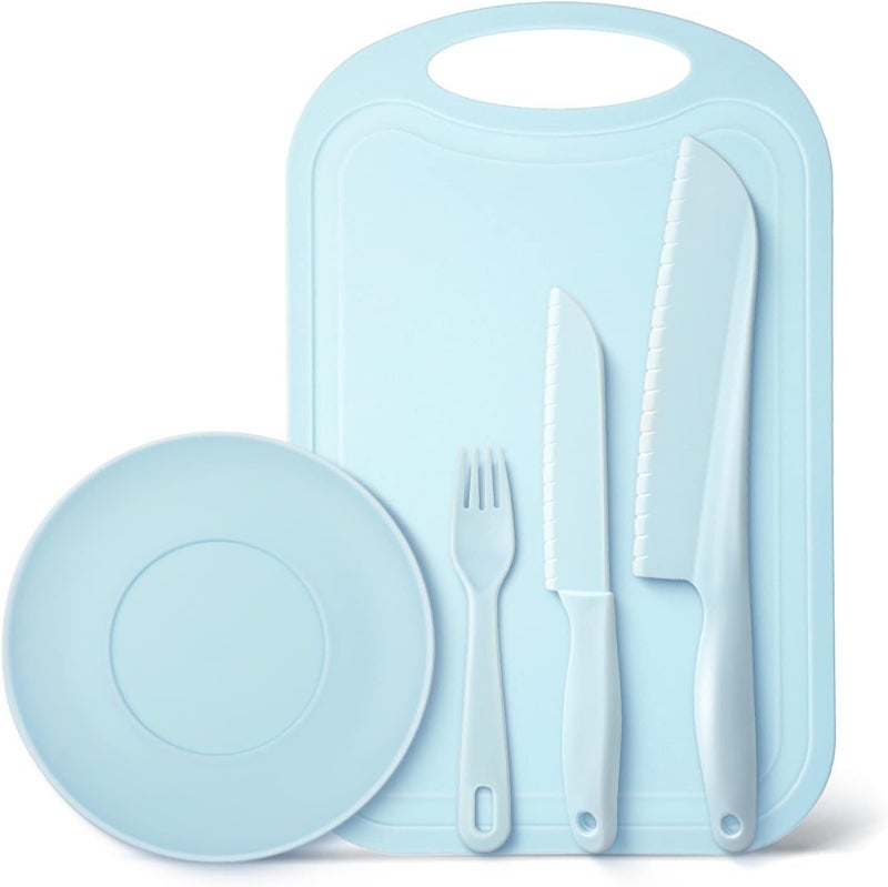 Hartya Kid-Safe Cooking Knife Set for Real Cooking with Cutting Board, Plastic Knives, Plate & Fork, BPA-Free Kids Knives/Toddler Knives (Blue) - Image 1