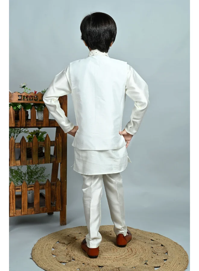 BT DEZINES Boys White Cotton Silk Kurta Pyjama Set with Waistcoat