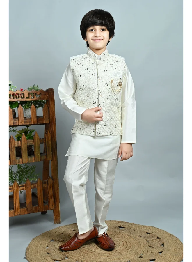 BT DEZINES Boys White Cotton Silk Kurta Pyjama Set with Waistcoat