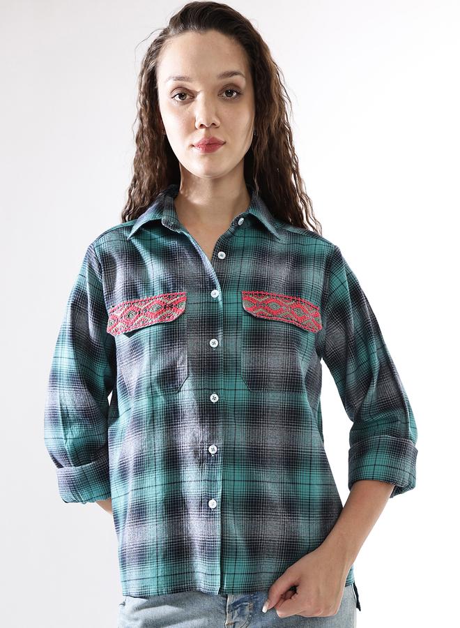 HIGH STAR Women'S Multicolour 100% Cotton Embroidered Button Down Relaxed Shirt - Image 5