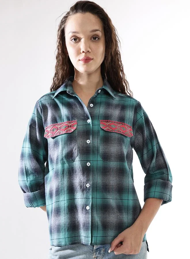 HIGH STAR Women'S Multicolour 100% Cotton Embroidered Button Down Relaxed Shirt