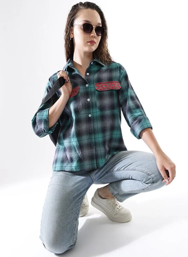 HIGH STAR Women'S Multicolour 100% Cotton Embroidered Button Down Relaxed Shirt