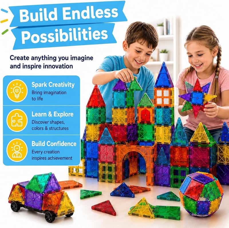 GRAFLO Magnetic Tiles 110 Pcs Building & Construction Set Vibrant 3D Building Toys - Magnetic Tiles for Kids - STEM Toy - Magnet Puzzles Stacking Blocks for Boys Girls - 3+ Years Toys - Image 5