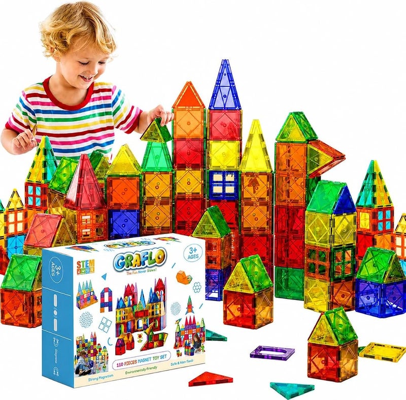 GRAFLO Magnetic Tiles 110 Pcs Building & Construction Set Vibrant 3D Building Toys - Magnetic Tiles for Kids - STEM Toy - Magnet Puzzles Stacking Blocks for Boys Girls - 3+ Years Toys - Image 1