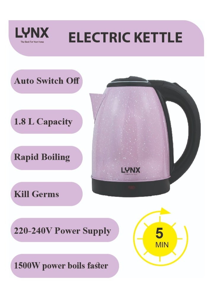 lynx Lynx 1500W Pink Water Kettle, Elegant Pink Speckled Exterior, Ergonomic Handle for Easy Pouring, Fast Heating with 1.8L Capacity, Modern LED Indicator, Spill-Free Spout, Perfect Blend of Elegance and Power, KT-2105  - Image 4