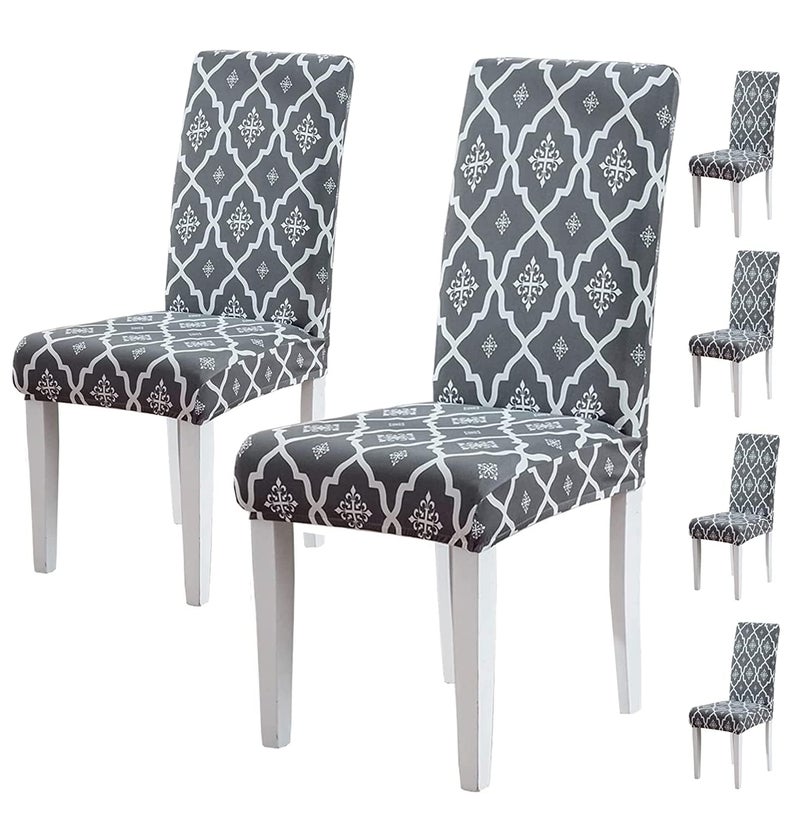 Styleys Elastic Chair Cover Stretch Removable Washable Short Dining Chair Cover Protector Seat Slipcover (Set of 6, Jaipur Grey, SD3165) - Image 1