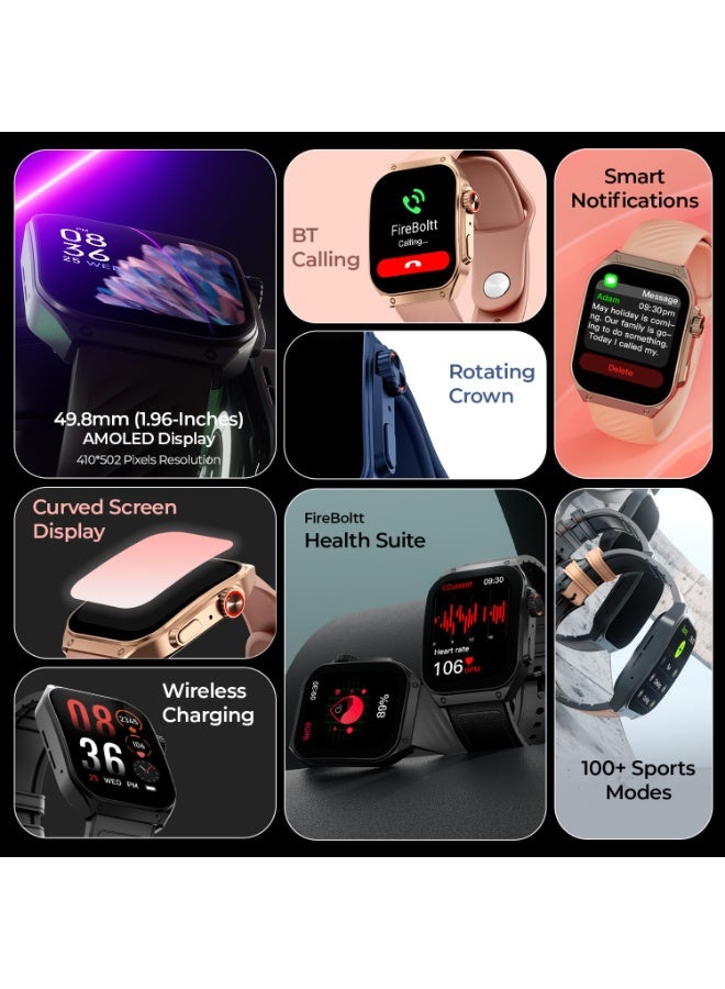 Fire-Boltt ARC 49.8mm (1.96 inch) AMOLED Always On Curved Display Smart Watch, Bluetooth Calling, Wireless Charging, 100+ Sports Modes, Water-Resistant 100+ Cloud Watch Faces (Black)