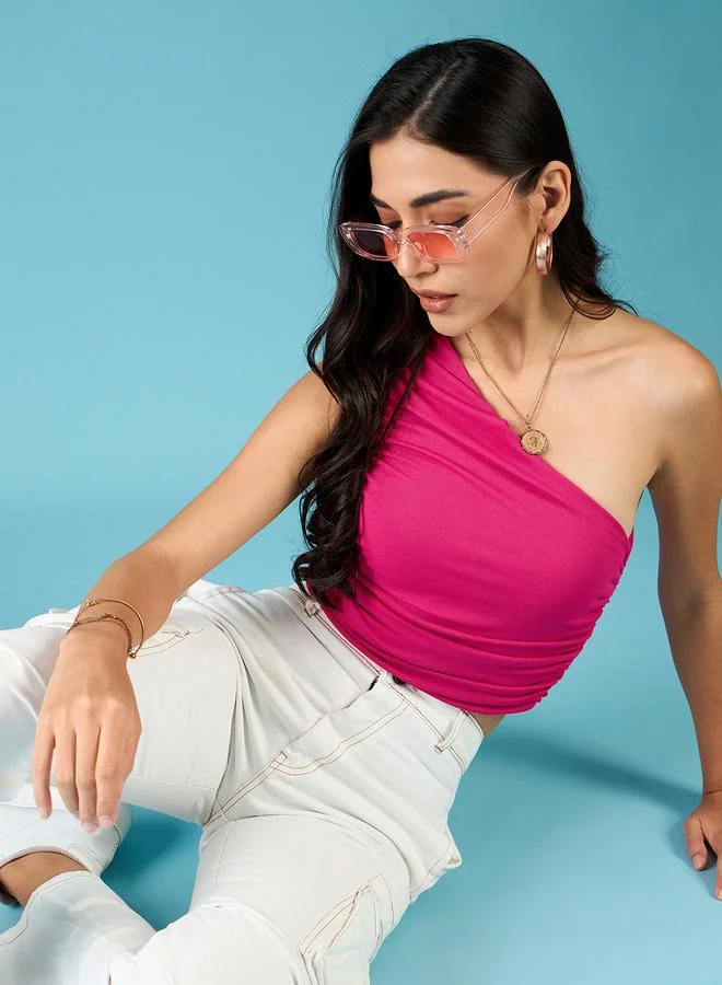 Uptownie Pink One Shoulder Gathered Crop Top