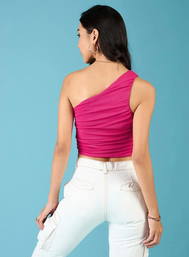 Uptownie Pink One Shoulder Gathered Crop Top
