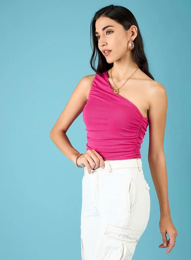 أبتاوني بلوزة قصيرة وردية بكتف واحد وقصة مجمعة