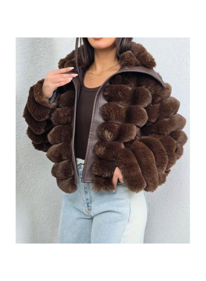 High-waisted leather-trimmed faux fur jacket with satin lining, brown, one size fits up to 80 kg. - Image 1