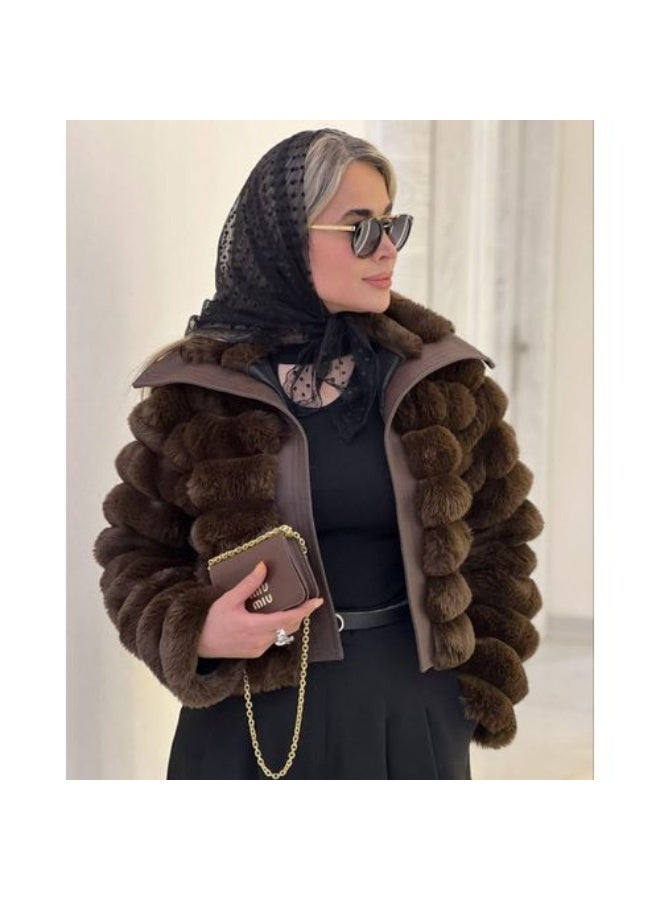 High-waisted leather-trimmed faux fur jacket with satin lining, brown, one size fits up to 80 kg. - Image 2