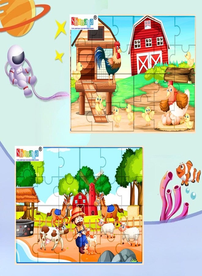 SHANAYA 36 Pieces Wooden Jigsaw Puzzle Kids Cartoon Animal Vehicle Puzzles Games Baby Early Learning Educational Toys for Children 2 Sided Puzzle (Farmer with Poultry Animals + Hen Farm) - Image 1