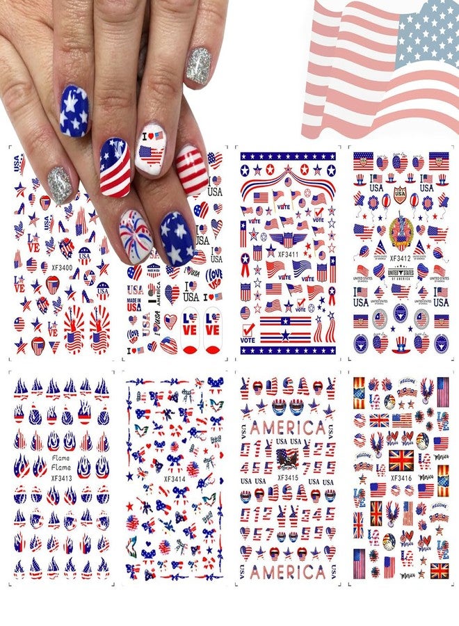 OSTTMA 8 Sheets 4th of July Nail Art Stickers White Red Blue 3D Self-Adhesive Nail Decals American Flag Designs Nail Decoration Independence Day Nail Stickers Holiday DIY Nail Accessories for Women - Image 1