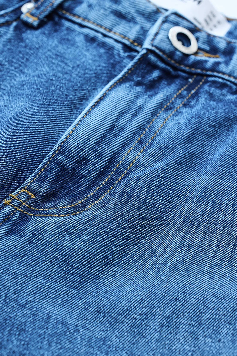 سنيتش Blue Solid Wide Leg Streetwear Jeans