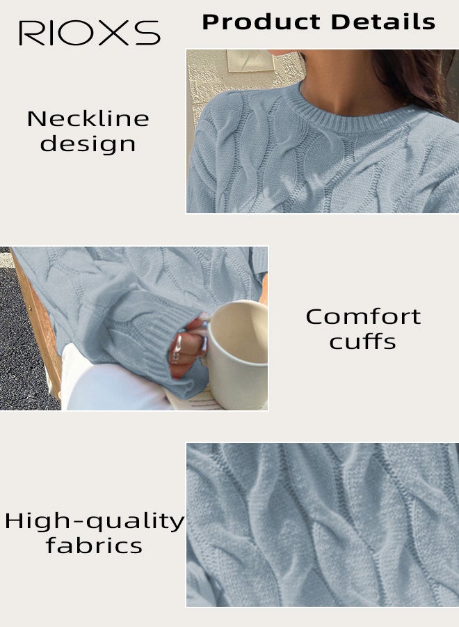 ريوكس سترة نسائية بأكمام طويلة، كنزات محبوكة مضلعة، بلوزات فضفاضة بياقة دائرية، بلوزات، ملابس شتوية سادة، ملابس كاجوال، أزرق. - Image 5