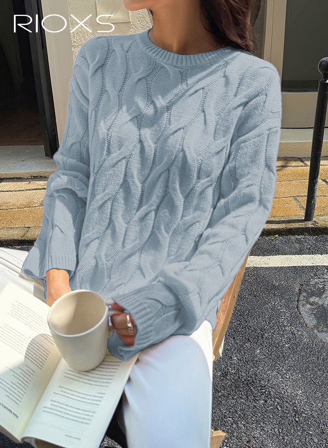 ريوكس سترة نسائية بأكمام طويلة، كنزات محبوكة مضلعة، بلوزات فضفاضة بياقة دائرية، بلوزات، ملابس شتوية سادة، ملابس كاجوال، أزرق. - Image 4