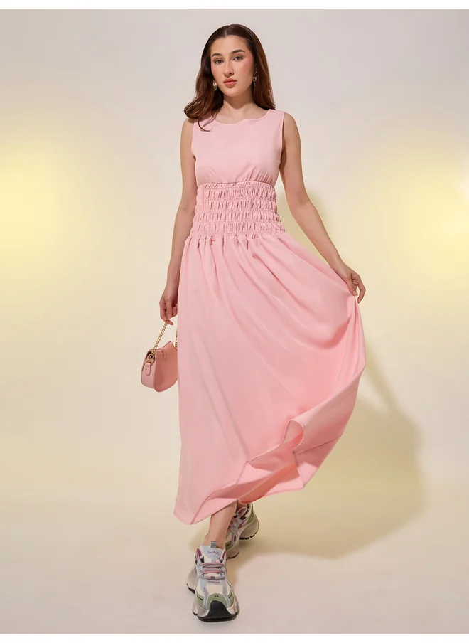 تايك تو Take Two Solid Smocked Waist Sleeveless A-Line Midi Dress