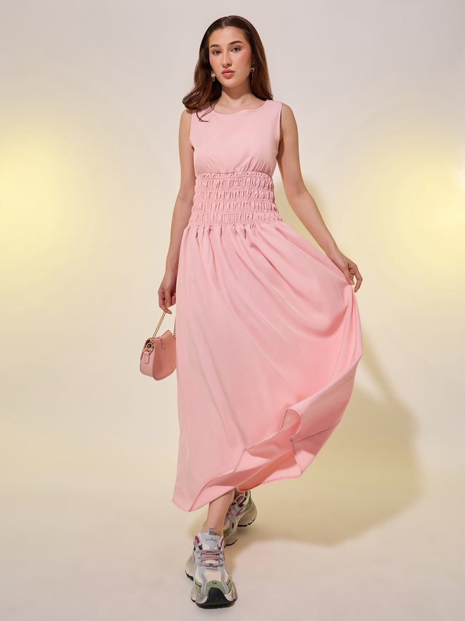 Take Two Styli Solid Smocked Waist Sleeveless A-Line Midi Dress - Image 1