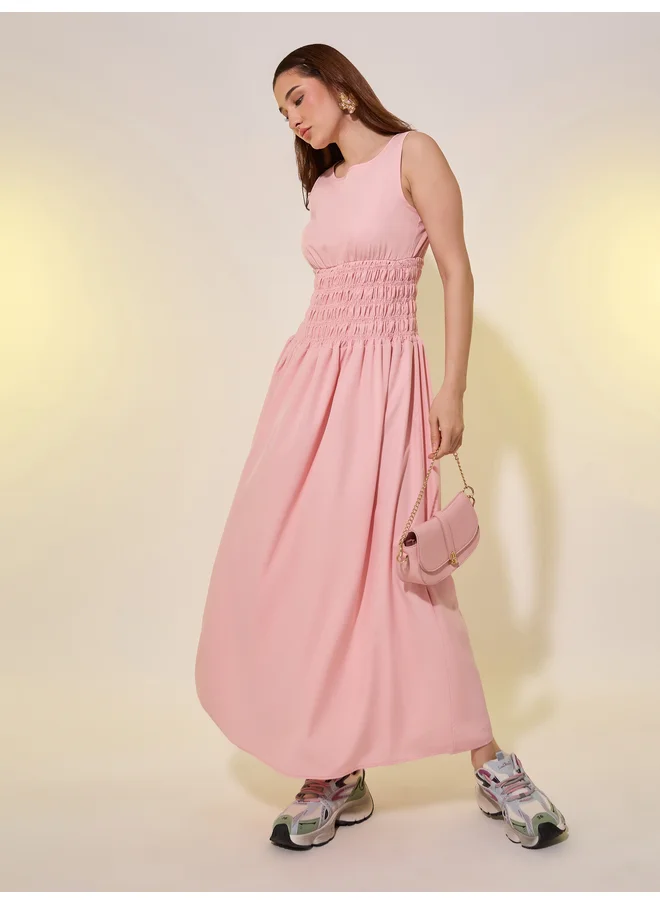 تايك تو Take Two Solid Smocked Waist Sleeveless A-Line Midi Dress