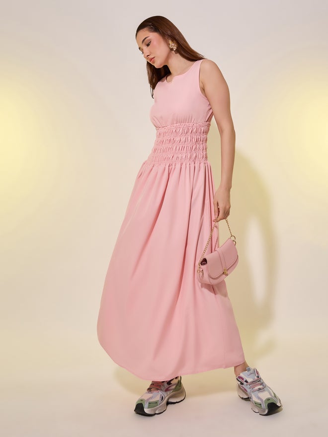 Take Two Styli Solid Smocked Waist Sleeveless A-Line Midi Dress - Image 2