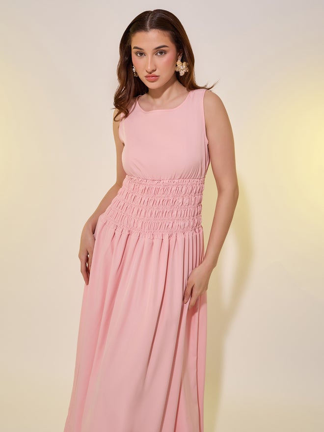 Take Two Styli Solid Smocked Waist Sleeveless A-Line Midi Dress - Image 3