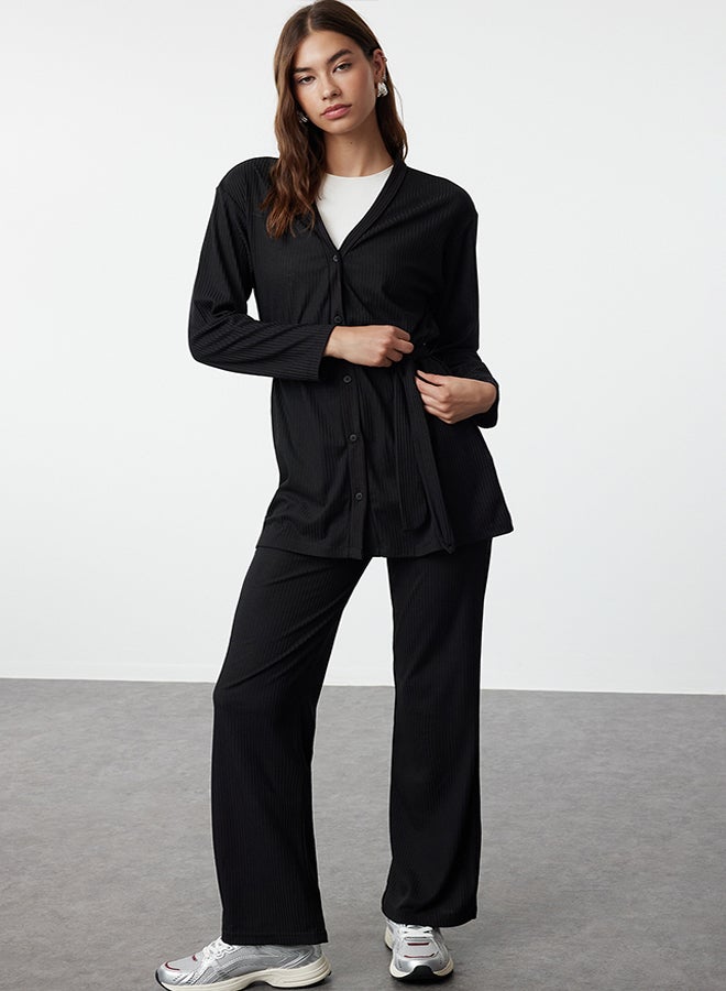 trendyol Black Tie-Front Detailed Knitted Tunic-Pants Set TCTSS23US00003  - Image 2