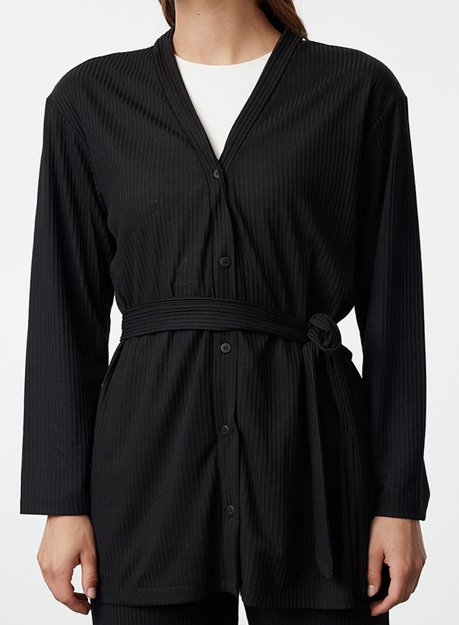 trendyol Black Tie-Front Detailed Knitted Tunic-Pants Set TCTSS23US00003  - Image 3