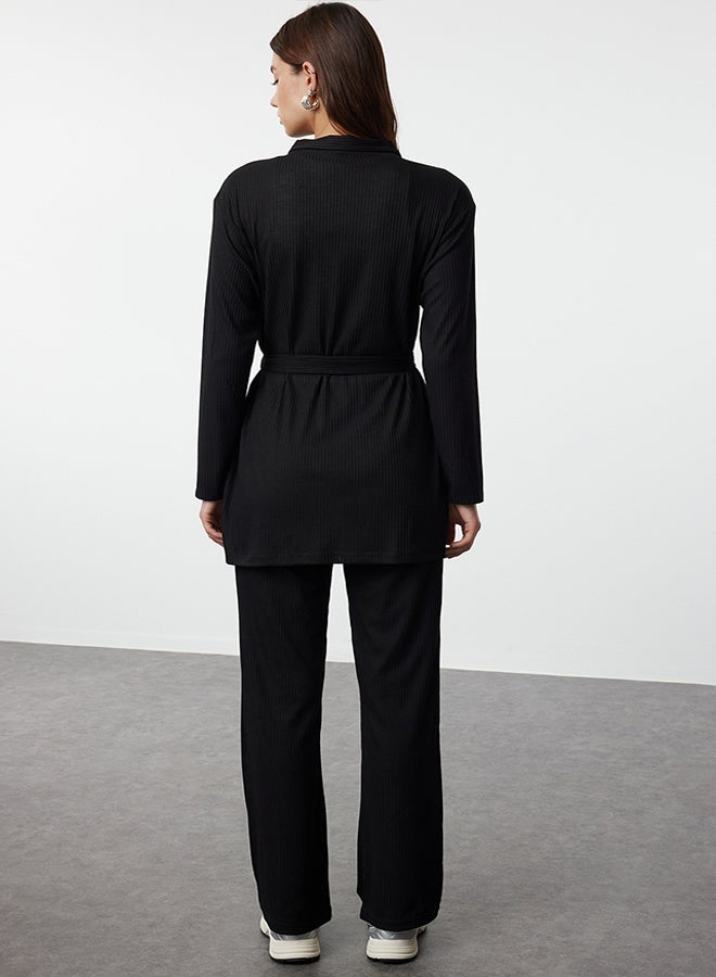 trendyol Black Tie-Front Detailed Knitted Tunic-Pants Set TCTSS23US00003  - Image 5