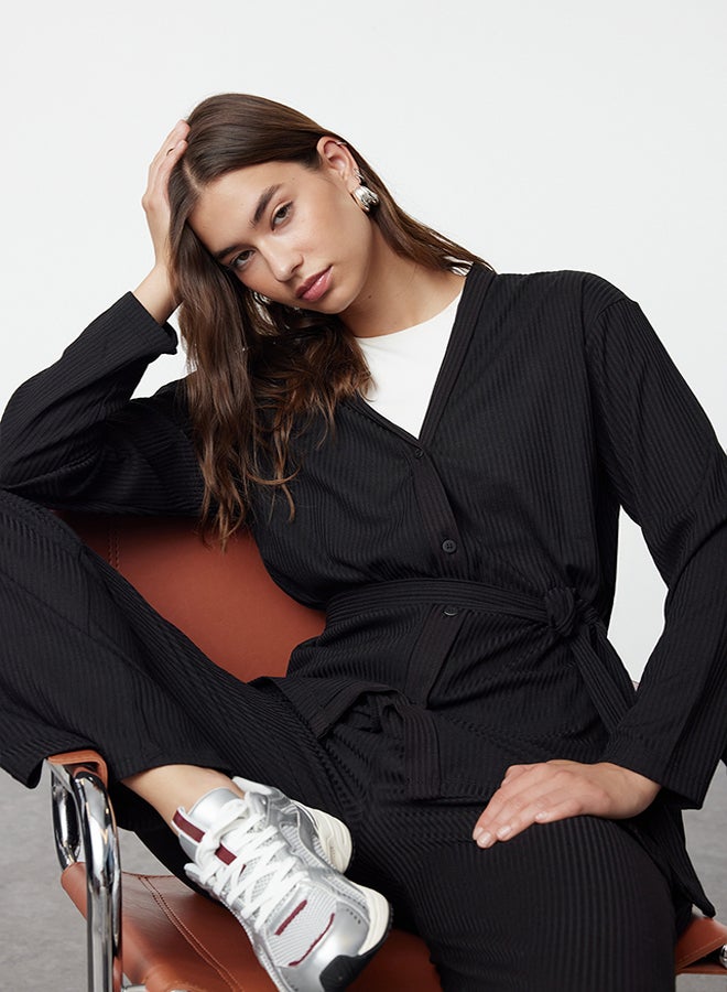 trendyol Black Tie-Front Detailed Knitted Tunic-Pants Set TCTSS23US00003  - Image 1