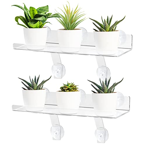 RSSCIIIUL 2 Pcs Plant Window Shelf, Window Plant Shelves with Bracket,15in Transparent Acrylic Sill Extender with Suction Cup, Floating Shelf for Plants Apply to Succulents, Seed Plant - Image 1