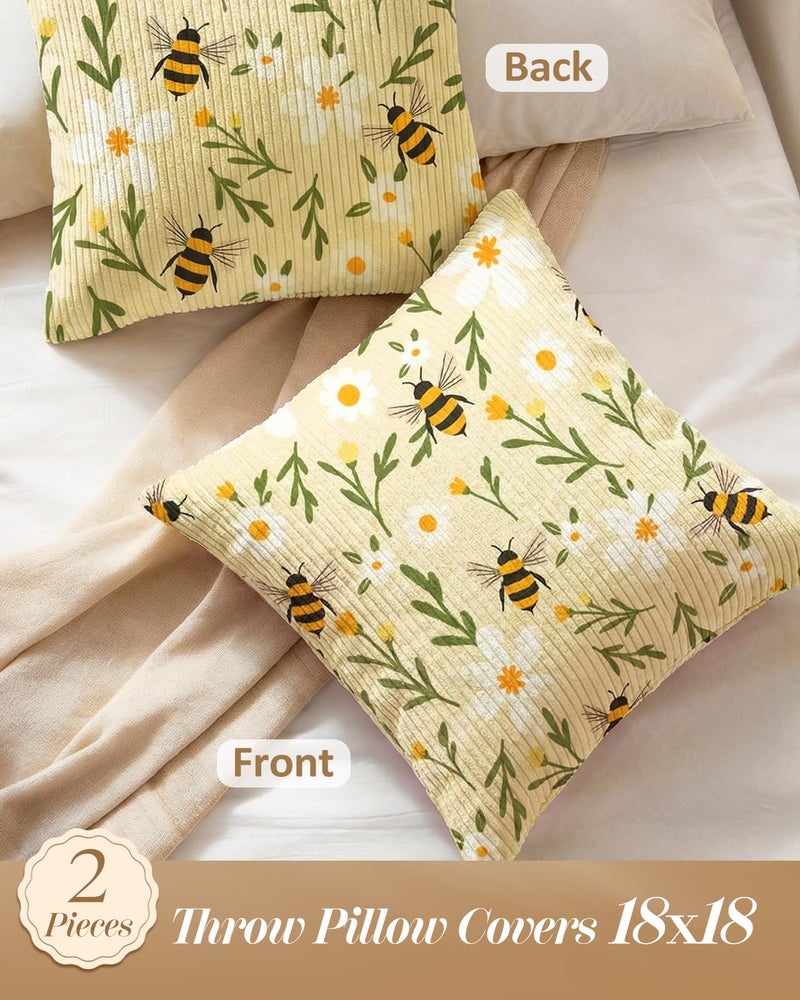 Kokaaee Corduroy Throw Pillow Covers 18x18 - Set of 2 Decorative Spring Pillow Covers with Zipper Retro Farmhouse Decor Textured Throw Pillowcases for Couch Sofa Living Room Home Bedroom, Flower Bee - Image 4