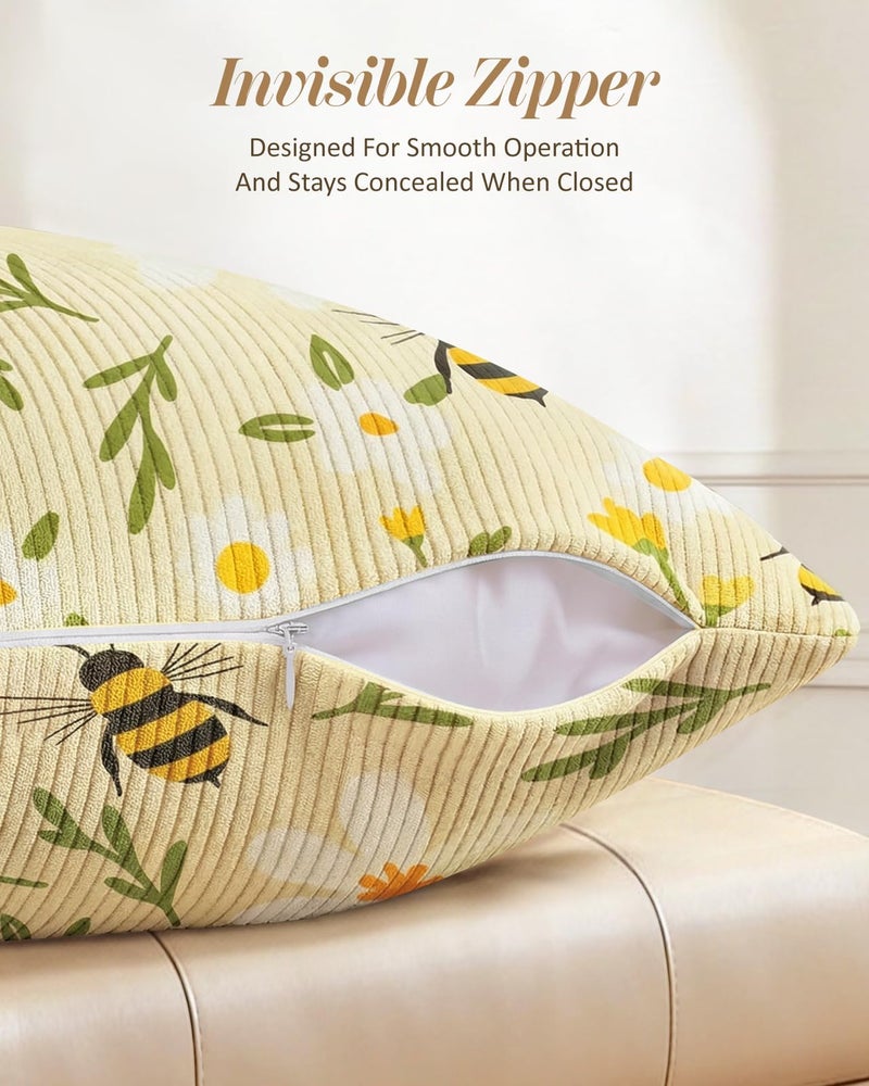 Kokaaee Corduroy Throw Pillow Covers 18x18 - Set of 2 Decorative Spring Pillow Covers with Zipper Retro Farmhouse Decor Textured Throw Pillowcases for Couch Sofa Living Room Home Bedroom, Flower Bee - Image 3