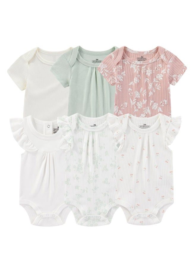 Ruliby Baby Bodysuit 6 Pack Soft Mixed Ribbed Short Sleeve Romper Infant Boy Girl Clothes Set, Baby Bodysuit 6-piece Flower/White, 3-6 Months - Image 1