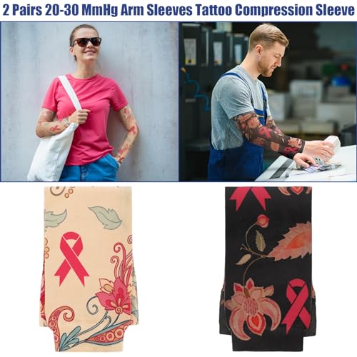Toulite 2 Pairs Lymphedema Compression Arm Sleeves for Women Men 20-30 Mmhg Breast Cancer Awareness Sleeves Floral Tattoo Gardening Sun Protection - Image 3
