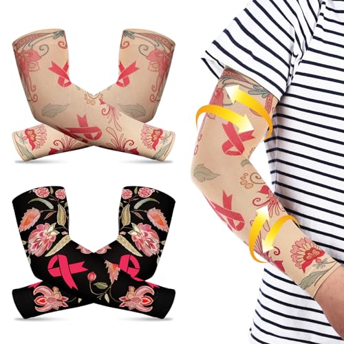 Toulite 2 Pairs Lymphedema Compression Arm Sleeves for Women Men 20-30 Mmhg Breast Cancer Awareness Sleeves Floral Tattoo Gardening Sun Protection - Image 1