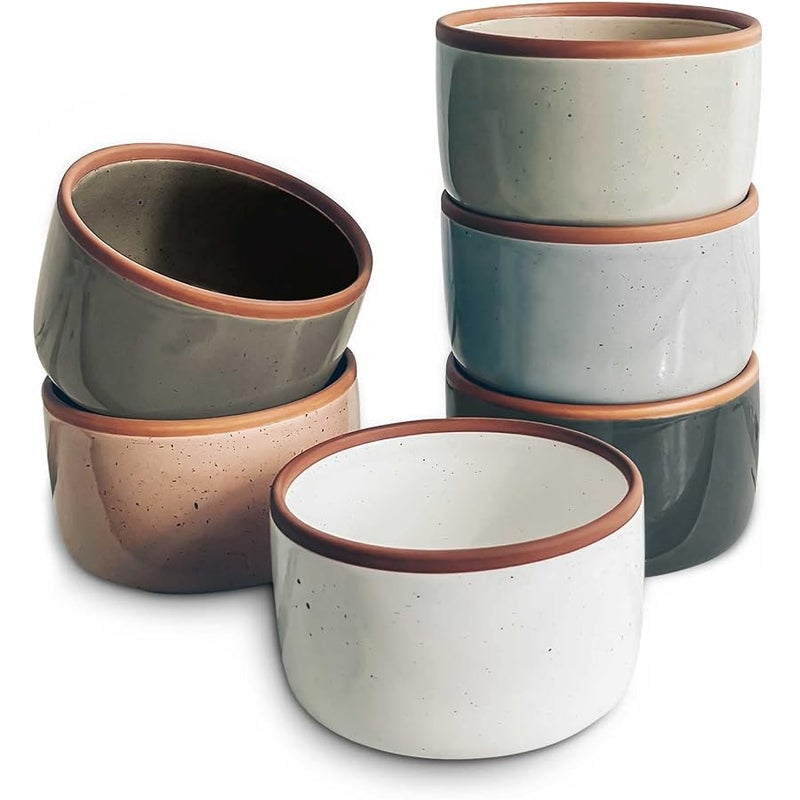 Mora Ceramic Ramekins - 8oz, Set of 6 - Small Oven Safe Baking Dishes/Cups - For Personal Pudding, Creme Brulee, Souffle, Serving Dip, Custard, Ice Cream - Single Mini Bowls - Assorted Neutrals - Image 1