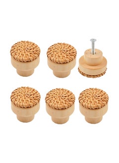 RATSAW 6 Pack Boho Rattan Dresser Knobs Wood Round Cabinets Knobs Pulls Handmade Wicker Woven Drawer Handles for Cabinets Furniture  - Image 1
