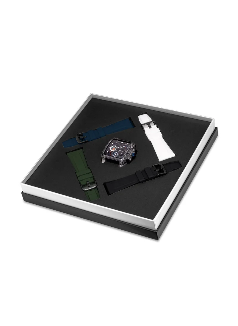POLICE Clout Gents Chronograph Watch With Nylon Fiber Case & Black, Green, Blue, White Silicone Strap