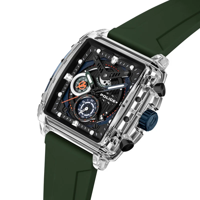 POLICE Clout Nylon Fiber Case and Black, Green, Blue, White Silicone Strap Chronograph Watch for Men