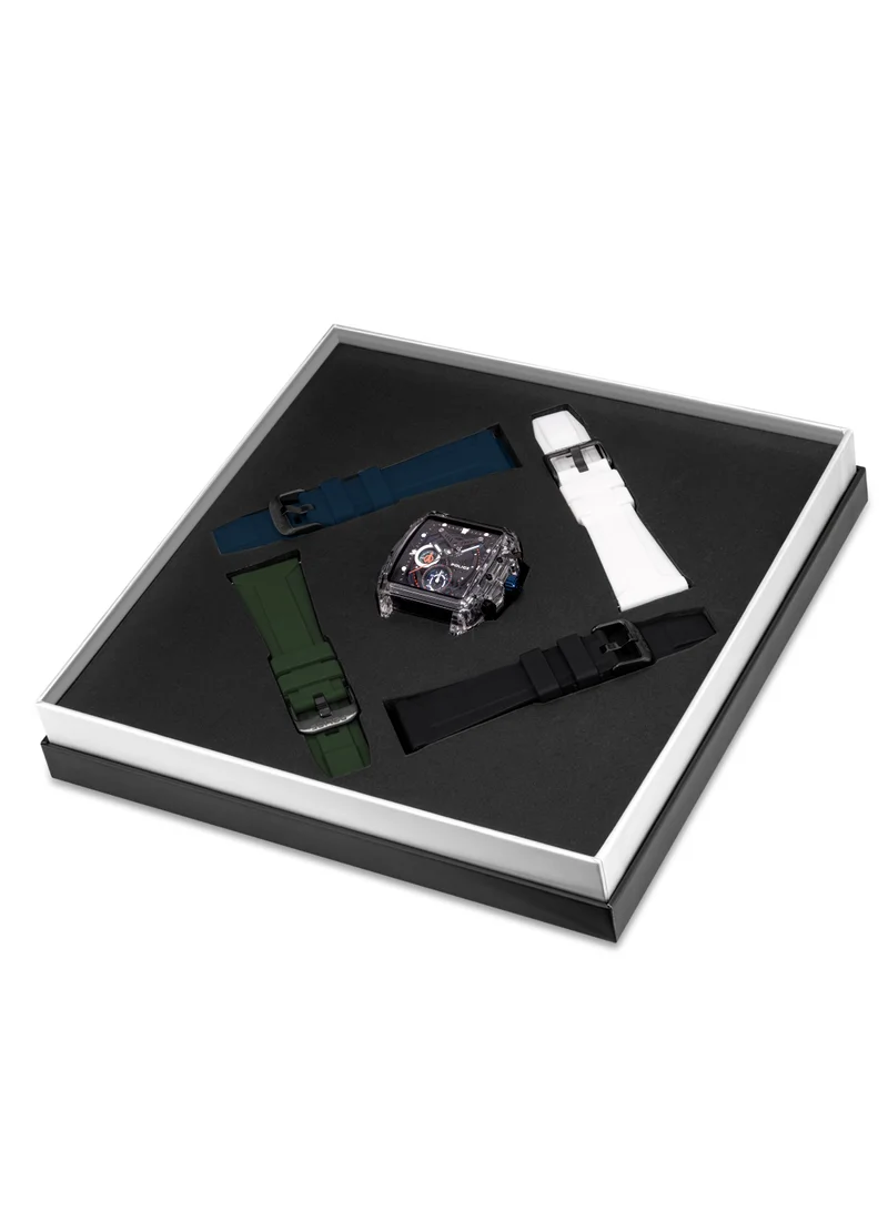 POLICE Clout Nylon Fiber Case and Black, Green, Blue, White Silicone Strap Chronograph Watch for Men