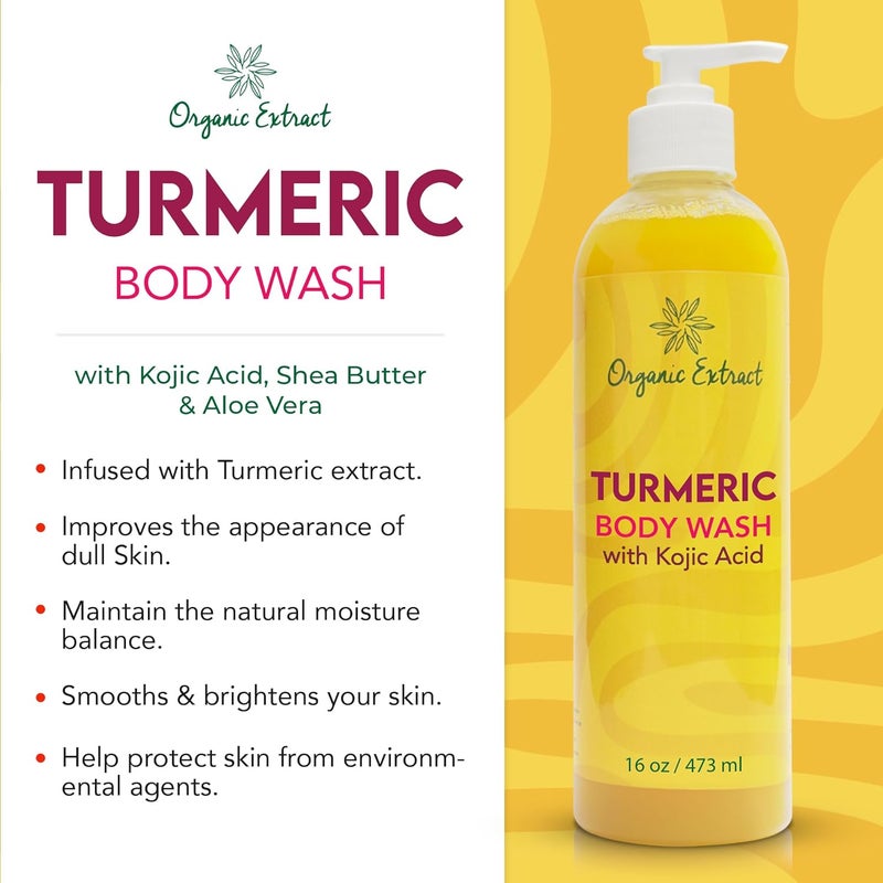 ORGANIC EXTRACT Turmeric Kojic Acid Body Wash 16 fl oz 473ml Skin Brightening Shower Gel for Deep Gentle Moisturizer Helps to Remove Dark Spot with Shea Butter Aloe Vera - Image 5