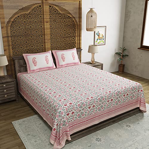 BLOCKS OF INDIA Hand Block Floral Printed 200 TC Cotton King Size Bedsheet (Pink Jaal, Pack of 1) - Image 3