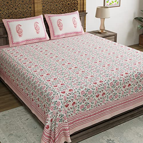 BLOCKS OF INDIA Hand Block Floral Printed 200 TC Cotton King Size Bedsheet (Pink Jaal, Pack of 1) - Image 1